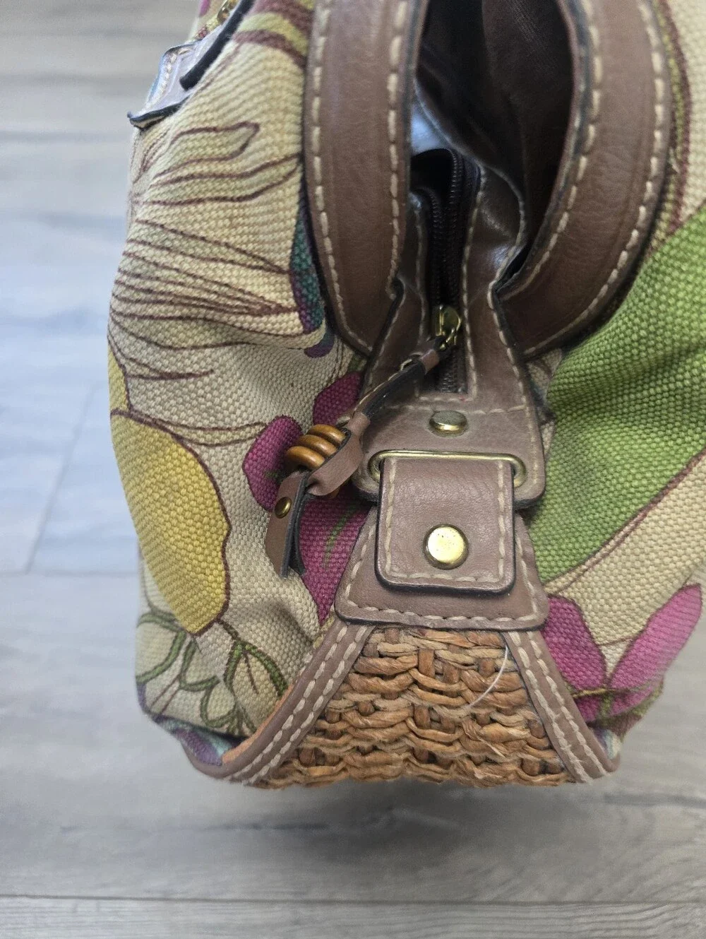 Fossil Key-Per Floral Canvas Hobo Shoulder Bag Brown Leather Trim